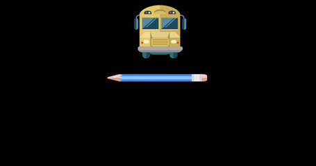 Image of yellow school bus and blue pen with copy space on black background