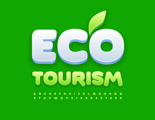 Vector concept emblem Eco Tourism with decorative Leaf. Modern Alphabet Letters and Numbers set. Green stylish Font