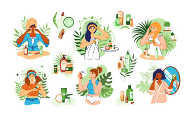 Face skincare. Cosmetic products. Beauty woman procedures set. Care routine. Skin wash lotion. Moisturizing cream. Cleansing mask. Patches and spray. Plant leaves. Vector illustration