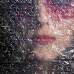 Obraz premium Fashion and make-up concept. Abstract woman with pink lipstick and glasses studio portrait through plastic and transparent bubble wrap. Wrap is in camera focus. Purple gradient filter applied