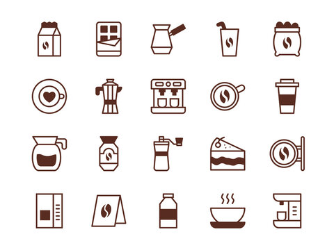 Coffee icons set, instant ground beans. Turk and geyser coffee maker, mug with aroma drip, roast beverages, express cafe cup, caffeine flavor, water and cake vector illustration logo template