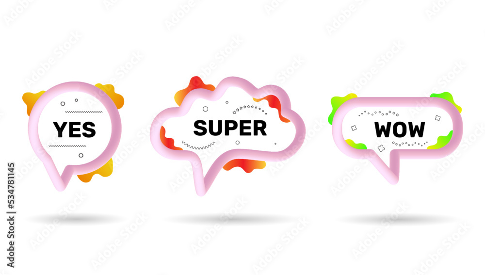Aufkleber 3d talk balloon for idea, speech bubbles. Wow super and yes dialogue messages with abstract forms, text chat frames, social cloud label set. Circle and cloud form. Vector icon background