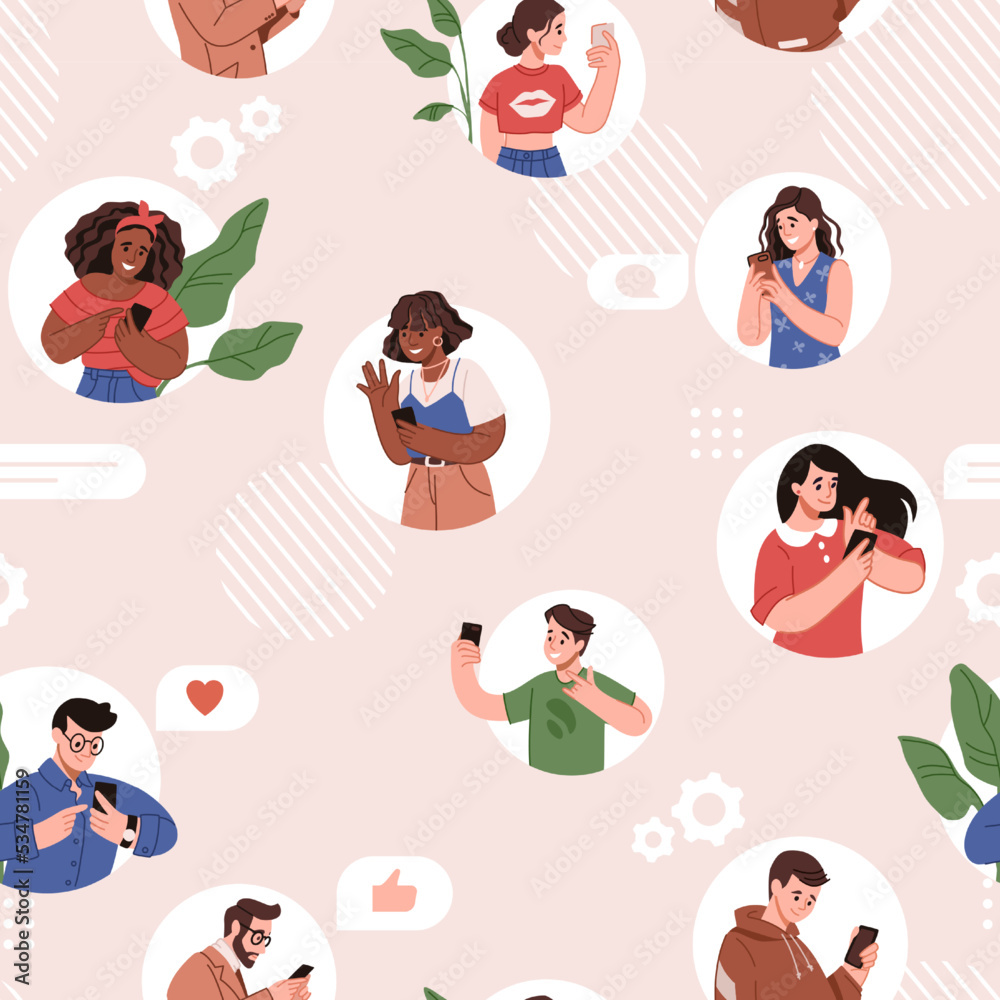Poster People walk with smartphones pattern. Digital smombie message. Crowd communication by internet. Persons online chatting and making selfies. Mobile phone users. Vector seamless background