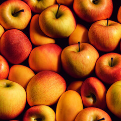 Various Ripe Red Yellowish Apples on Black Background, Seamless Pattern of Raw Juicy Fresh Organic Red Apples Background