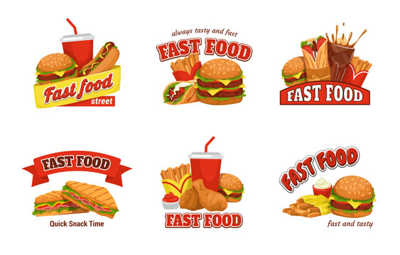 Fast food logo. Pizza and burger cafe emblems. Snack labels. Fries potato. Sandwich and hamburger. Hot dog with sausage. Cola glass. Vintage bread stamp. Vector illustration stickers set