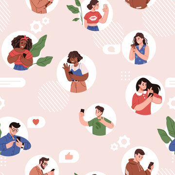 People walk with smartphones pattern. Digital smombie message. Crowd communication by internet. Persons online chatting and making selfies. Mobile phone users. Vector seamless background