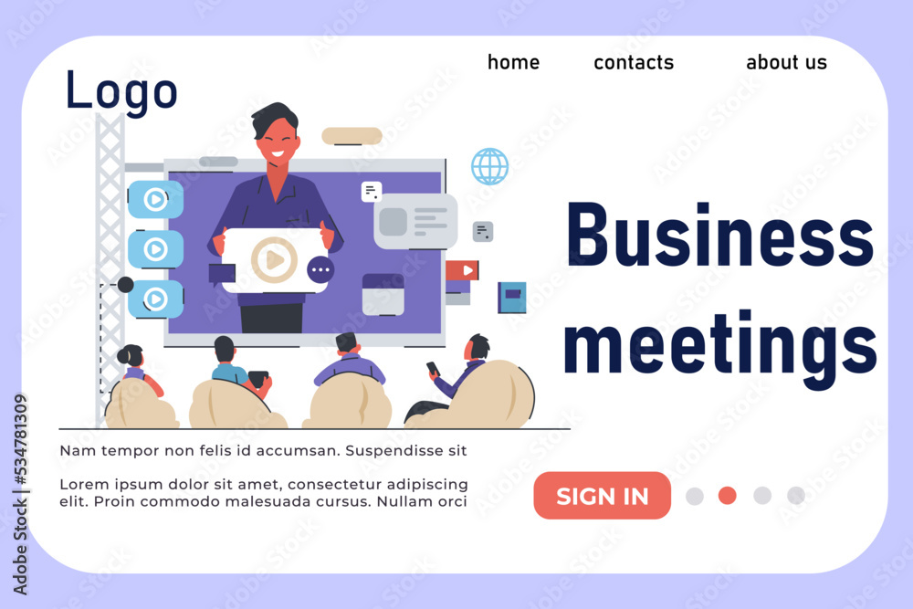 Poster online meeting landing page. manager on computer screen talking with employees. virtual video call, 