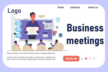 Online meeting landing page. Manager on computer screen talking with employees. Virtual video call, people communicating. freelance worker. Online conference vector cartoon flat concept