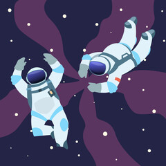 Astronauts. People in spacesuits in outer space. Galaxy exploration, Cosmonauts in zero gravity, universe explorer, cosmic journey. Black sky and stars. Vector cartoon flat illustration