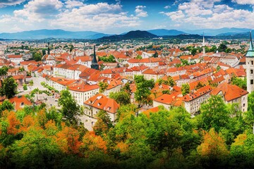 Fototapeta na wymiar anime style, Ljubljana Beautiful cities of Europe charming capital of Slovenia panoramic view with old town and castle , Anime style