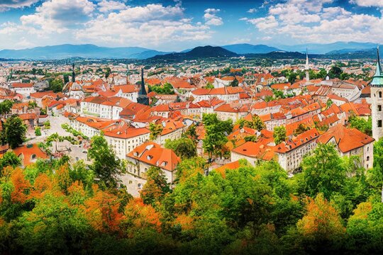 anime style, Ljubljana Beautiful cities of Europe charming capital of Slovenia panoramic view with old town and castle , Anime style