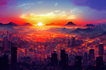 anime style, Sunset of Seoul City Skyline The best view of South Korea , Anime style no watermark - obrazy, fototapety, plakaty