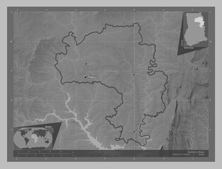 Northern, Ghana. Grayscale. Labelled points of cities
