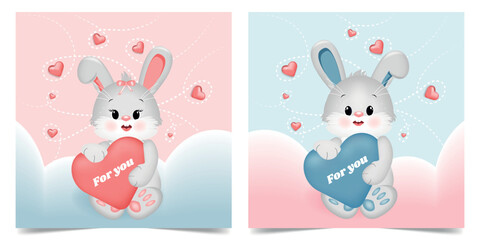 For you, Cute rabbits with a heart in their hands, an illustration for a postcard, cover, invitation, packaging, banner