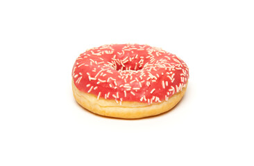 Donut dessert with frosted pink color glaze and white sprinkles isolated on white background