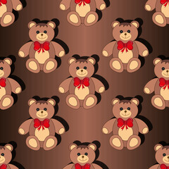 Seamless pattern with teddy bear with beautiful red bow on brown background. Smile bear toy for children shop. Valentines day concept. Print for wallpaper for children room.