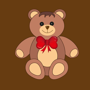 Teddy bear with beautiful red bow on brown background. Smile bear toy for children shop. Valentines day concept. 