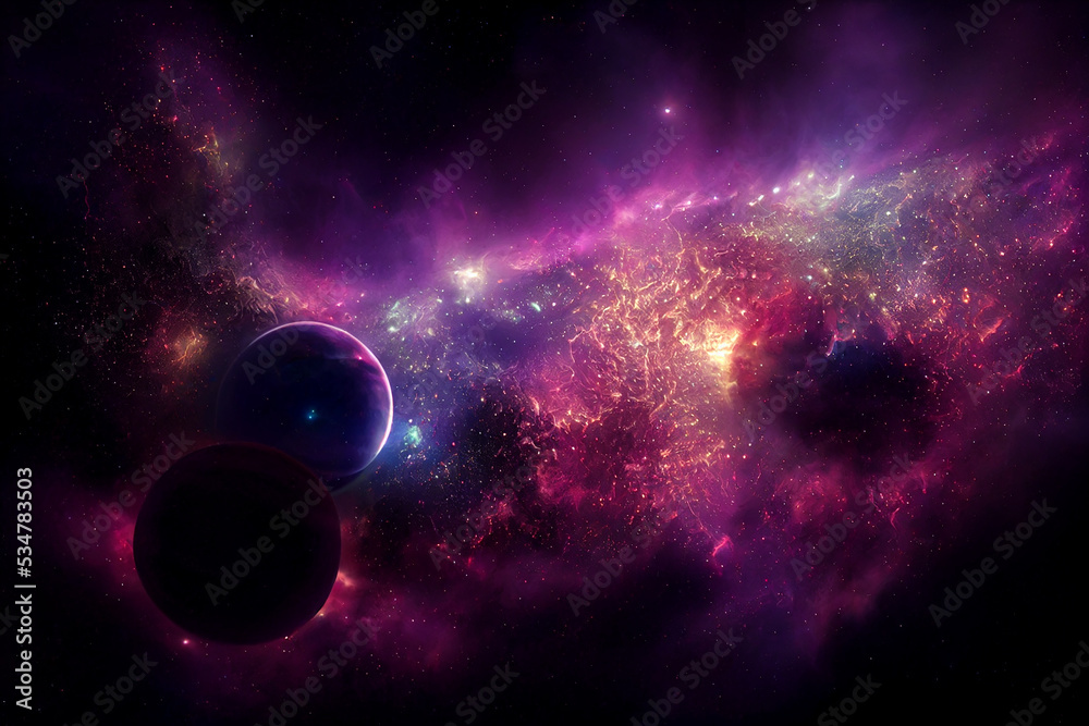 Sticker magnificent extrasolar planets and stars cluster 3d art work abstract background. deep space explora