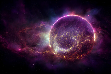 Obraz premium Birth of the Planet 3D Visualization Art Work Awesome Purple Abstract Background. Astonishing Huge Cosmic Spherical Body and Nebula in Deep Space. Fantastic Distant Cosmic Worlds Spectacular Wallpaper