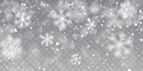 Christmas snow. Falling snowflakes on transparent background. Snowfall. Vector illustration
