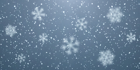 Christmas snow. Falling snowflakes on dark blue background. Snowfall. Vector illustration