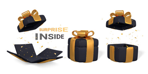 Open 3D realistic black gift box with gold ribbon and bow on white background. Vector illustration