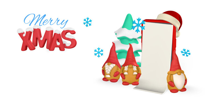 Merry Christmas and Happy New Year poster. Realistic 3d scandinavian christmas gnome, tree, phone and snowflake. Vector Illustration