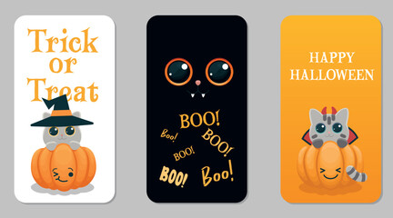 Three vector cards with cute kittens in carnival costumes. Happy Halloween. 