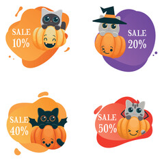 Vector stickers with kittens in carnival costumes. Stylish Halloween stickers for discounts. 