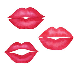 Watercolor red kiss set, isolated on transparent background