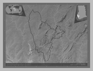 Western North, Ghana. Grayscale. Labelled points of cities
