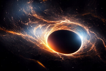 Edge of Cosmic Supermassive Black Hole with Strong Gravitational Field 3D Art Work Stunning Abstract Background. Incredible Wormhole Portal in Deep Space Visualization. Distant Cosmic Worlds Wallpaper - obrazy, fototapety, plakaty