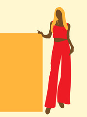 color stylized image, silhouette of a girl in trousers with a banner