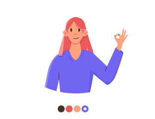 Vector illustration of a girl in a simple style that shows the ok sign. Can be used for website, banner