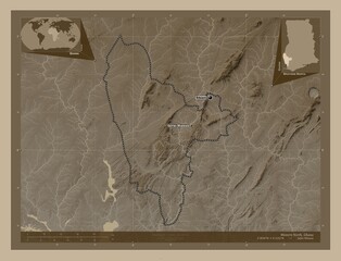 Western North, Ghana. Sepia. Labelled points of cities