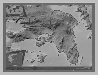 Athens, Greece. Grayscale. Labelled points of cities