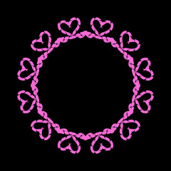 Ornamental circular Frame in pink color on black background. Beautiful circle frame with hearts deco. vector eps10