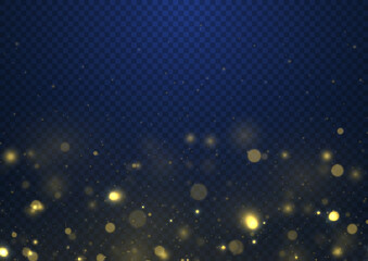 Blurred dust light on dark blue background. Abstract glitter defocused blinking stars and sparks. Christmas and New Year holidays template. Dark golden abstract bokeh. Vector illustration.