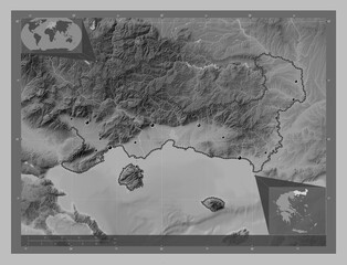 Eastern Macedonia and Thrace, Greece. Grayscale. Major cities