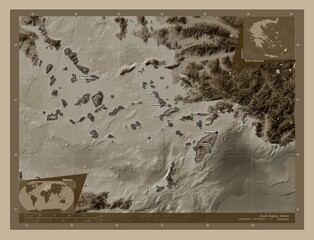 South Aegean, Greece. Sepia. Labelled points of cities