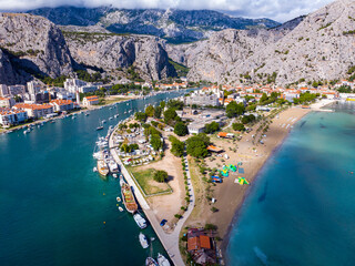 aerial view of the town of omiš in croatia, a picturesque town on the adriatic coast with the...