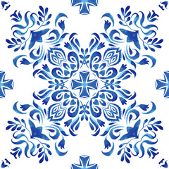 Blue seamless ornamental watercolor pattern hand drawn graphic for ceramic tile