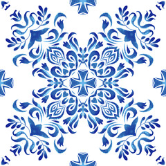 Blue seamless ornamental watercolor pattern hand drawn graphic for ceramic tile