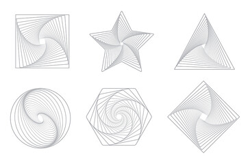 Set of twisted gray spirals isolated on a white background. Tunnel with lines in the shape of a square, star, triangle, circle, hexagon, rhombus. Vector geometric fractal element. Sacred geometry. 