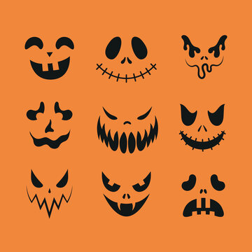 Set of Halloween faces. Creepy, funny, sad and scary faces. Pumpkin faces. Ghost faces. Part 2.