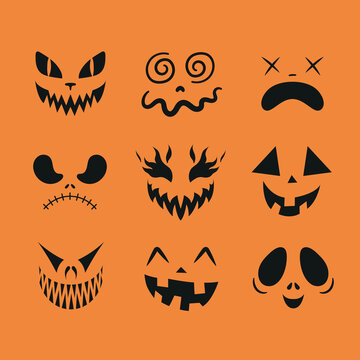 Set of Halloween faces. Creepy, funny, sad and scary faces. Pumpkin faces. Ghost faces. Part 1.