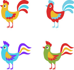 Rooster, a set of multi-colored, cartoon roosters isolated on a white background. Vector, cartoon illustration.