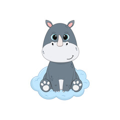 Cartoon rhinoceros sits on a blue cloud. Vector illustration for design and print