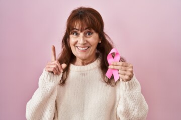 Middle age hispanic woman holding pink cancer ribbon surprised with an idea or question pointing finger with happy face, number one