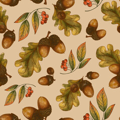 Oak Fall Leaves Seamless Pattern, Autumn Acorn Texture